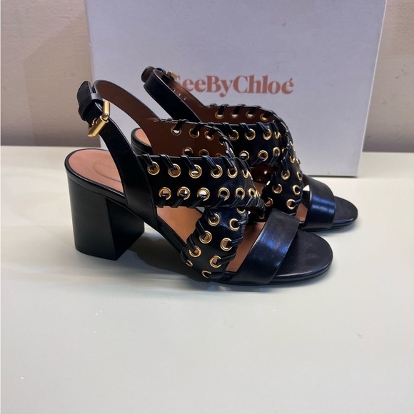 See by Chloe Elegant Black Stiletto Heels with Gold Accents and Cushioned Insole - Picture 7 of 9